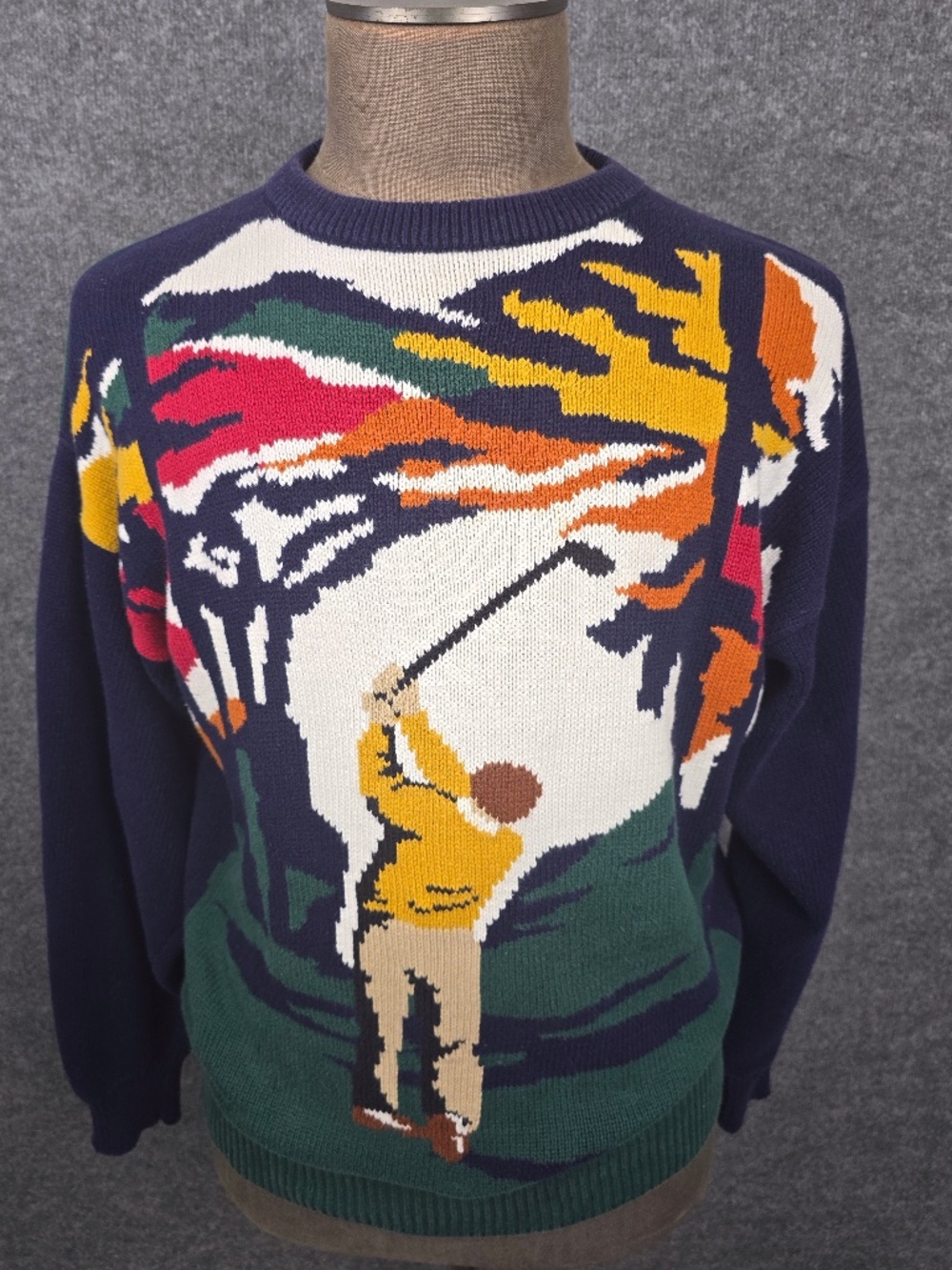VTG 90s C.F. Hathaway Hand Intarsia Golf Graphic Knit Sweater Size Large